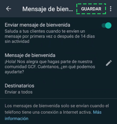 Guardar cambios en ajustes de mensaje de bienvenida en chatbot de WhatsApp Business.